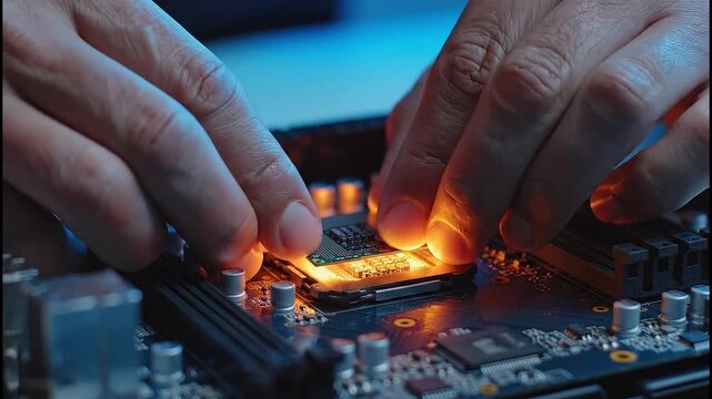 Close up of a person s hands carefully installing a computer processor into the motherboard socket with warm orange light illuminating the components and circuitry
