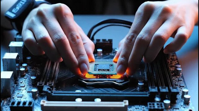 Close up of hands carefully installing a central processing unit cpu into a computer motherboard socket during a pc build or upgrade