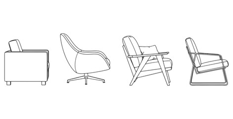 CAD drawings of multiple modern armchair designs in side view — minimalist block armchair, curved contemporary armchair, cushioned lounge armchair. Vector illustration