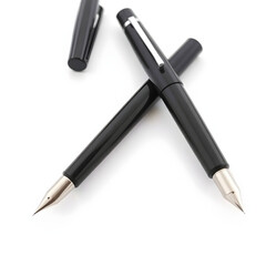 A sleek black fountain pen with a metallic nib and a subtle sheen to its surface, placed on a white background