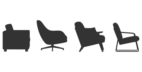 CAD drawings of multiple modern armchair silhouette designs in side view &mdash; minimalist block armchair, curved contemporary armchair, cushioned lounge armchair. Vector illustration
