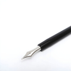 A sleek black fountain pen with a metallic nib and a subtle sheen to its surface, placed on a white background