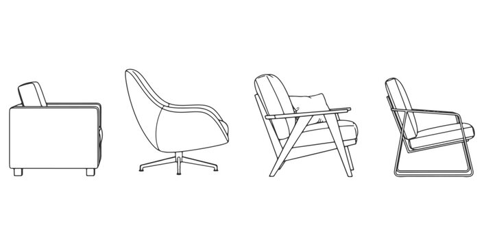 CAD drawings of multiple modern armchair designs in side view &mdash; minimalist block armchair, curved contemporary armchair, cushioned lounge armchair. Vector illustration