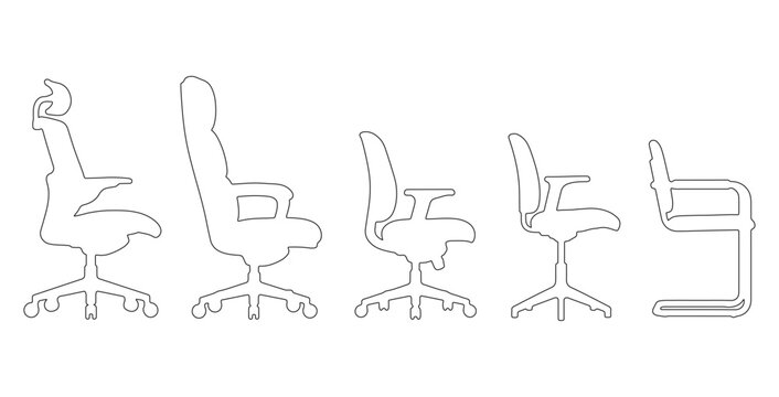CAD drawings of several office chair outline designs in side view &mdash; ergonomic mesh chair, cushioned executive chair, swivel task chair, minimal modern office chair. Vector illustration
