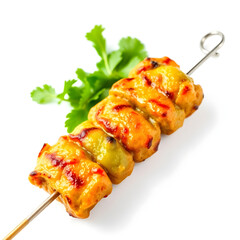 A succulent and freshly grilled green kebab, with a vibrant green hue, placed against a clean and pristine white background