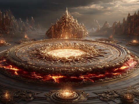 Lava temple ritual mockup with gold circuit runes and pulsing core beneath altar
