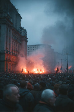 Supporters rally for far right nationalists amidst flames and smoke in urban setting