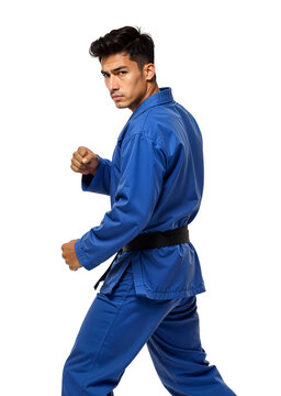 Male Fighter in Blue Gi Standing in Combat Position Looking Behind