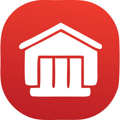 White Greek Building Icon With Columns And Pediment On Red Circular Background With Transparent Area And Soft Shadow