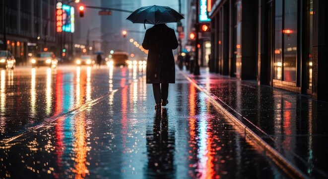 Person walking with an umbrella on a rainy city street