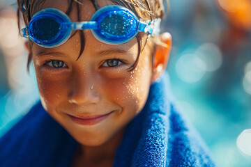 Smiling child swimmer wearing blue goggles and a towel, water droplets on sunlit face capturing joyful summer pool moments