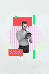 3d pop zine image photo art collage of happy girl guy hold phone laptop type password message...