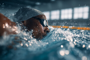 Determined competitive swimmer powering through churning indoor pool water — dramatic close-up of goggles, swim cap, splashing droplets and focused intensity