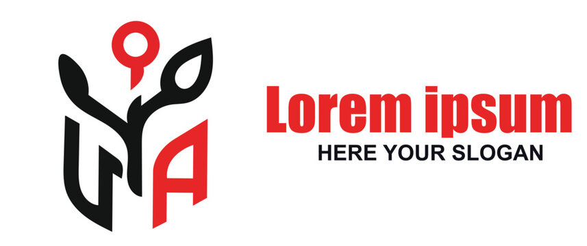 Abstract logo with stylized black and red graphic, lorem ipsum and here your slogan text, isolated on white background