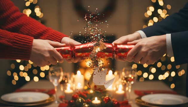 Joyful hands pulling festive christmas cracker with sparkling glitter explosion during holiday dinner celebration
