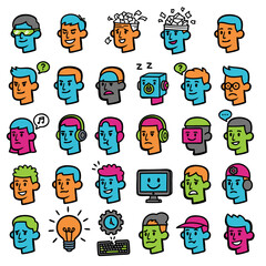 Obraz premium Mental Health and Thinking Icon Set: Brainstorming, Ideas, Psychology, and technology concepts, Vector Avatars.