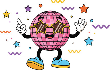 Groovy disco ball mascot dancing, cute cartoon character with sunglasses, retro party vector illustration, funny celebration design