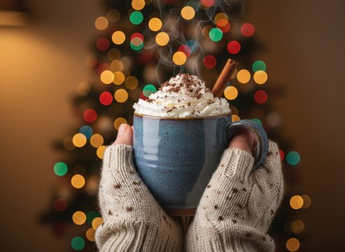 Cozy hands in knitted mittens holding steaming hot chocolate with whipped cream and cinnamon stick at christmas