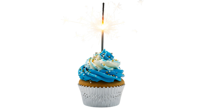 Blue and White Birthday Cupcake with Sparkler Candle on Transparent Background - Powered by Adobe