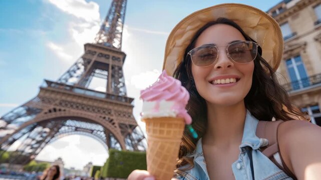 Young woman taking selfie with ice cream near famous landmark