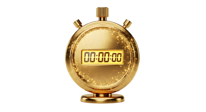 Golden Digital Stopwatch with Sparkling Effect on Transparent Background - Powered by Adobe
