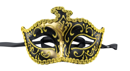 Elegant Black and Gold Venetian Mask with Intricate Gold Detailing for Costume Events