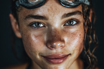 Obraz premium Close-up portrait of a young swimmer with shimmering water droplets and freckles, goggles on forehead, confident summer glow