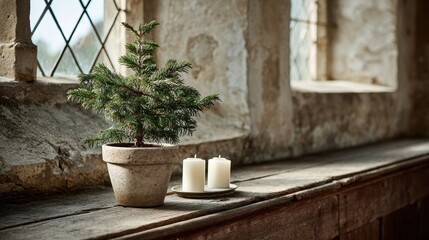 Rustic evergreen tree in clay pot with soft candlelight creating serene winter atmosphere in historic church interior