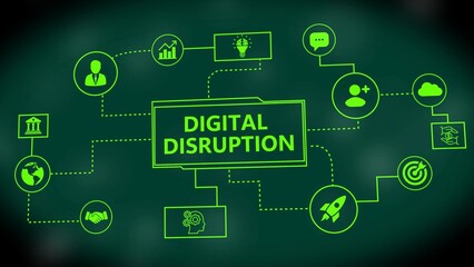Digital Disruption Mind Map with Icons and Connections on Dark Green Background technology innovation