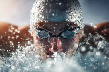 Determined competitive swimmer breaking the surface: dynamic closeup of a male athlete in goggles and swim cap splashing through water