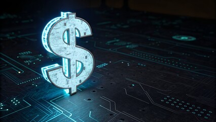 Futuristic dollar symbol glowing on a circuit board background, representing digital currency and financial technology trends in the modern age of banking