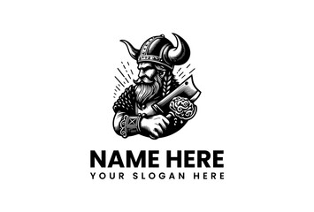 Vintage monochrome Viking head with horned helmet and axe, an emblem style barbarian mascot vector logo illustration