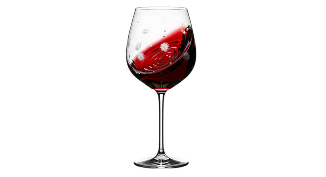 Elegant Wine Glass Filled with Red Wine and Water Swirling with Snowflake Patterns on Transparent Background