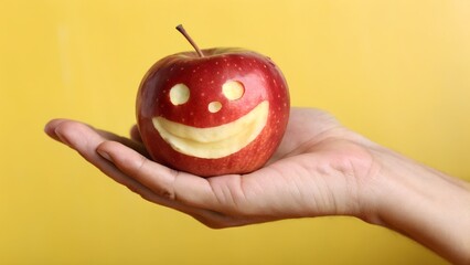 Hand holding a happy red apple with a carved smile on a bright yellow backdrop makes healthy eating fun and appealing for kids and families