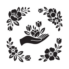 Obraz premium Hand Holding Flowers in Circle Silhouette