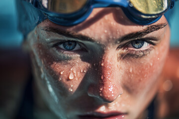 Close-up of a competitive swimmer's blue eyes and water-drenched face with goggles and shimmering droplets — a portrait of focus and determination