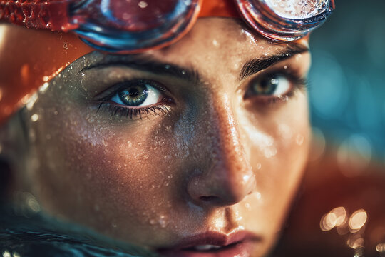 Intense close-up of a competitive swimmer’s water-drenched face with goggles and piercing eyes, capturing focus, determination and athletic grace