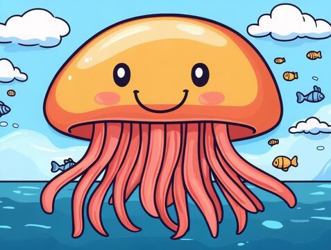 Smiling Cartoon Jellyfish with Fish and Clouds in a Sea Environment