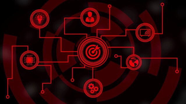 Red Digital Network Diagram with Target and Icons for Business Strategy and Technology image photo