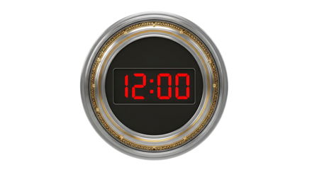 Digital Clock Showing Twelve O Clock in Elegant Round Frame on Transparent Background