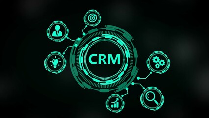 Teal CRM customer relationship management digital interface with icons for strategy goals people and data