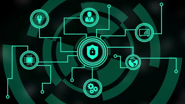Teal cybersecurity network diagram with shield and icons on dark background lock - Powered by Adobe