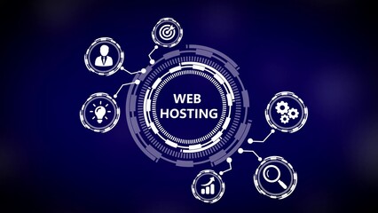 Web hosting concept with icons and futuristic HUD elements in white on dark blue internet website