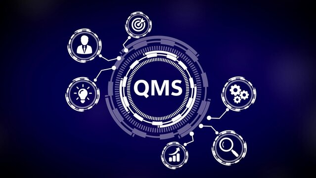 White digital infographic with QMS acronym in a circular HUD interface on a dark blue background with icons representing business concepts - Powered by Adobe