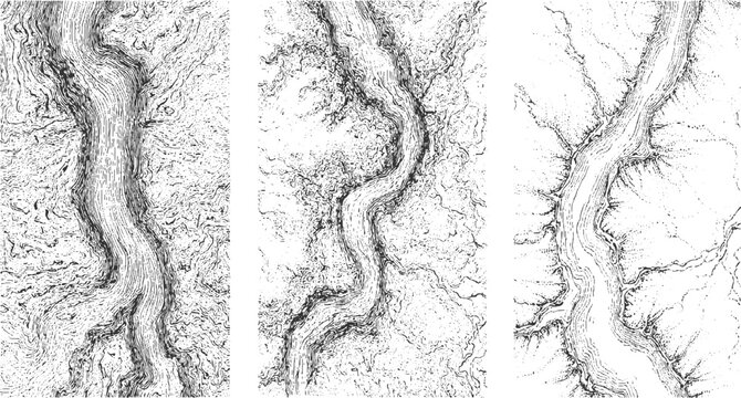 Three black and white abstract topographic map style illustrations of a winding river valley contour