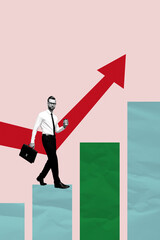 Vertical zine artwork pop trend collage of serious businessman walk arrow promotion concept carry...