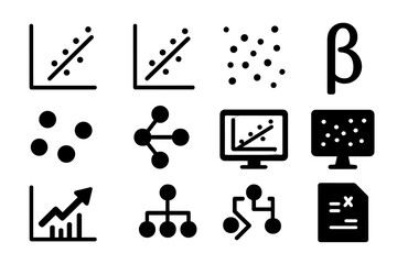 Econometric Analysis Icons. Solid style icons of econometric analysis: regression chart, line of best fit, residual plot,