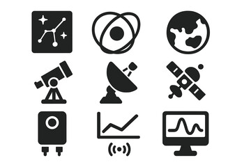 Obraz premium Space Observation Icons. Solid style icons of space observation: star chart, orbit diagram, planetary map, telescope mount,