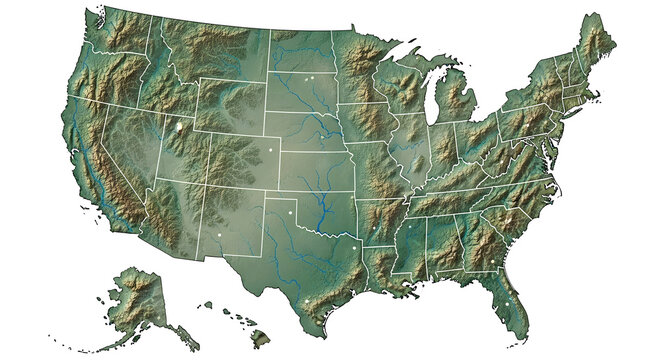 United States of America Topographic Map with State Borders and Relief Shading