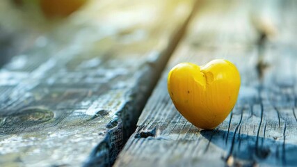 Yellow wooden heart on rustic surface, sunlight